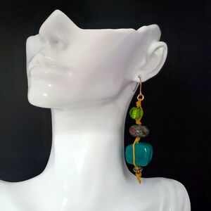 Erica Lyons Stacked Big Bead Dangle Earrings blue green brown NWT!